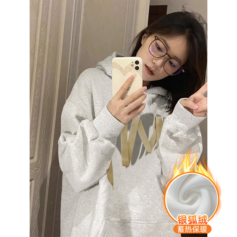 冬季韓版寬鬆連帽飄帶設計中長款大碼加絨加厚衛衣女