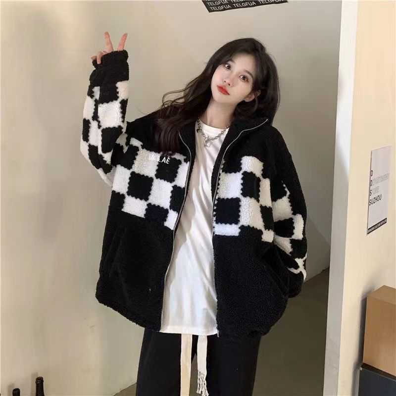 羊羔絨外套女棋盤格拉鏈寬鬆小眾設計感秋冬新款外套女衣服棉襖潮
