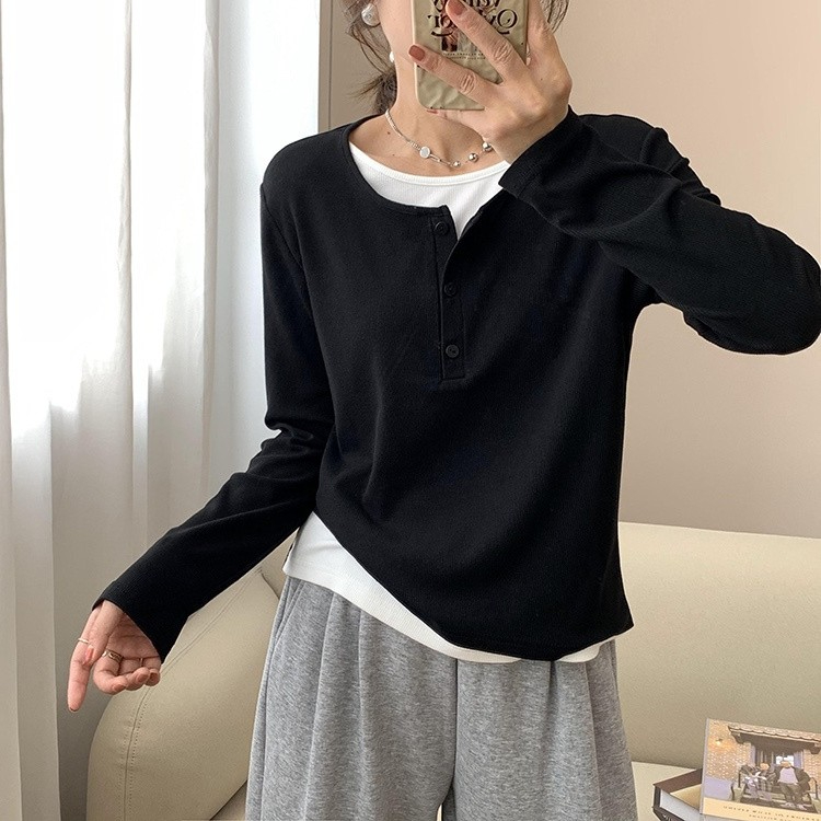 質量秋裝韓版圓領假兩件修身M-4XL顯瘦打底衫長袖T恤女