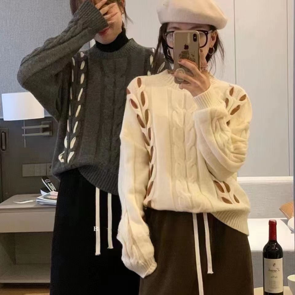 韓系寬鬆秋冬時尚套頭少女提花撞色針織衫打底長袖麻花學院小眾