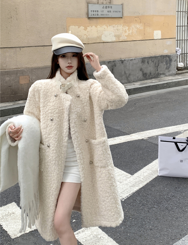 實拍復古秋冬長款立領皮帶卡扣毛毛寬鬆外套大衣女