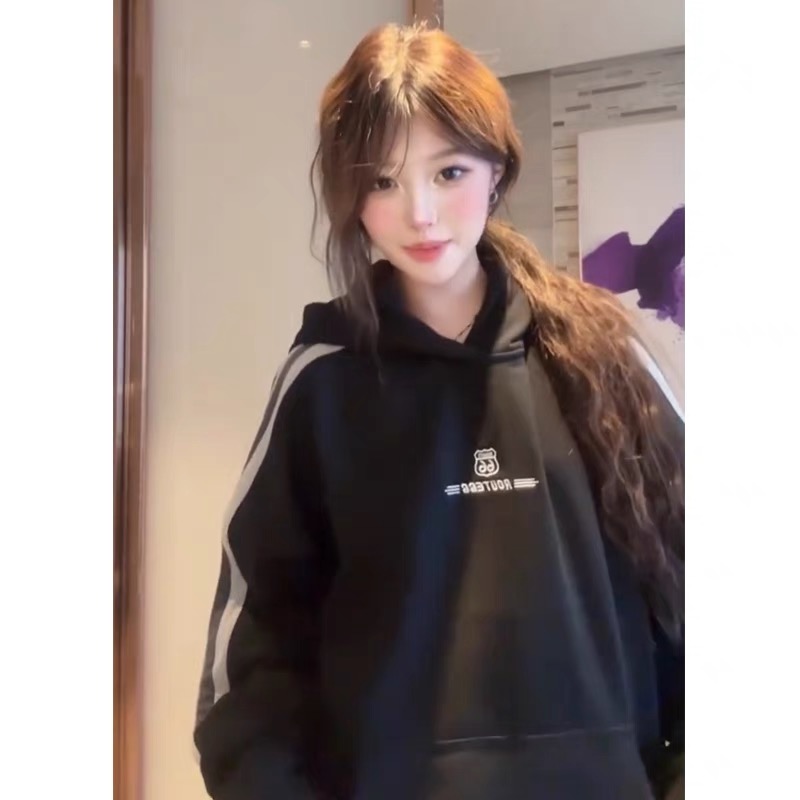 國潮美式拼接插肩連帽衛衣女春秋oversize設計感小眾慵懶chic外套