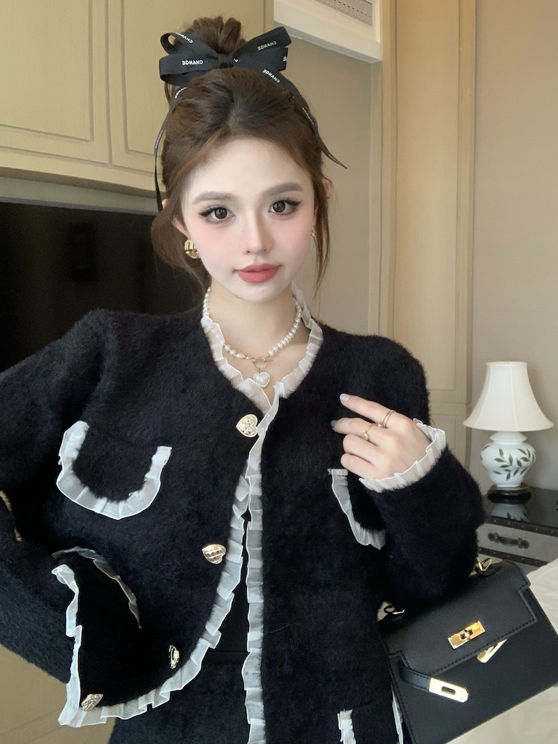 實拍 韓系名媛黑色小香風套裝冬高級水貂絨外套蕾絲邊短裙兩件套