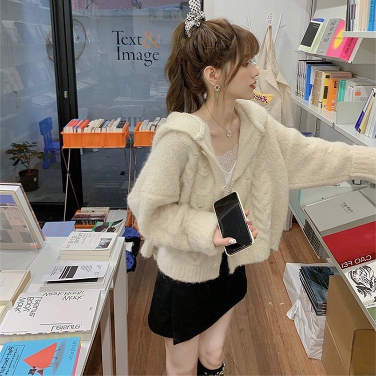 大姐姐 暖絨絨/高比例羊駝毛 短款連帽開衫毛衣針織外套