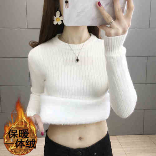 Velvet thickened round neck pullover sweater women's top autumn and winter knitted sweater  slim bottoming shirt with long sleeves for women