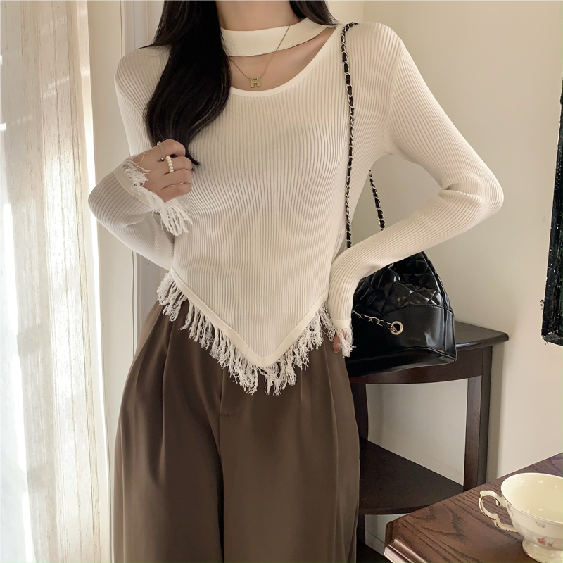 Real shot of chic V-neck hollow halterneck irregular tassel sweater for women long-sleeved knitted bottoming shirt top