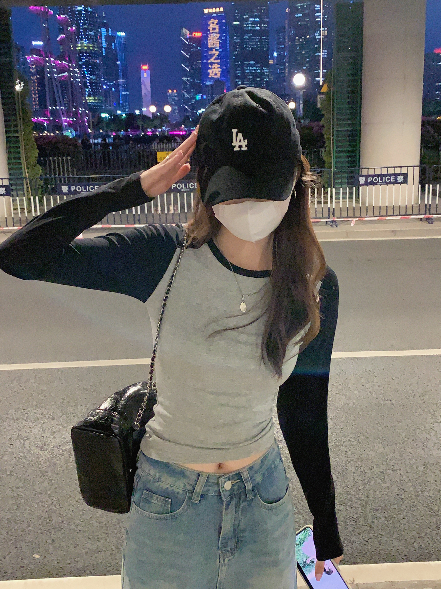 實物實拍92黏膠纖維8氨綸美式辣妹拼色長袖T恤打底衫女短款