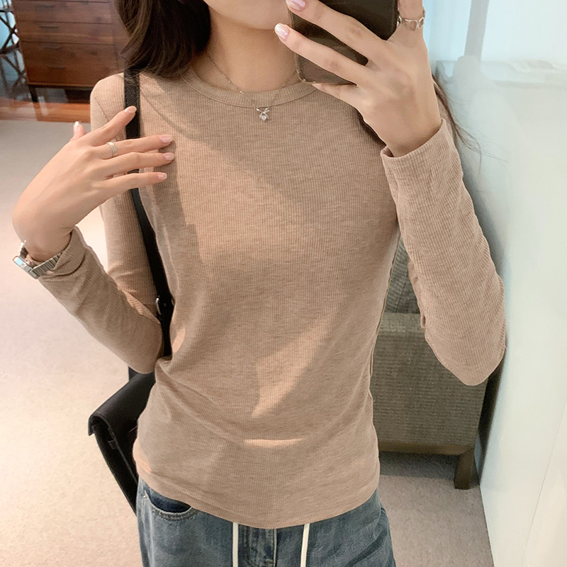實拍圖基礎款圓領肌理感純色打底上衣女秋冬新款休閒修身內搭長袖
