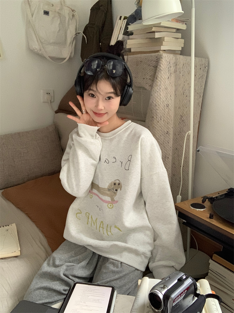 實拍 加絨美式復古寬鬆套頭印花長袖複合銀狐絨衛衣