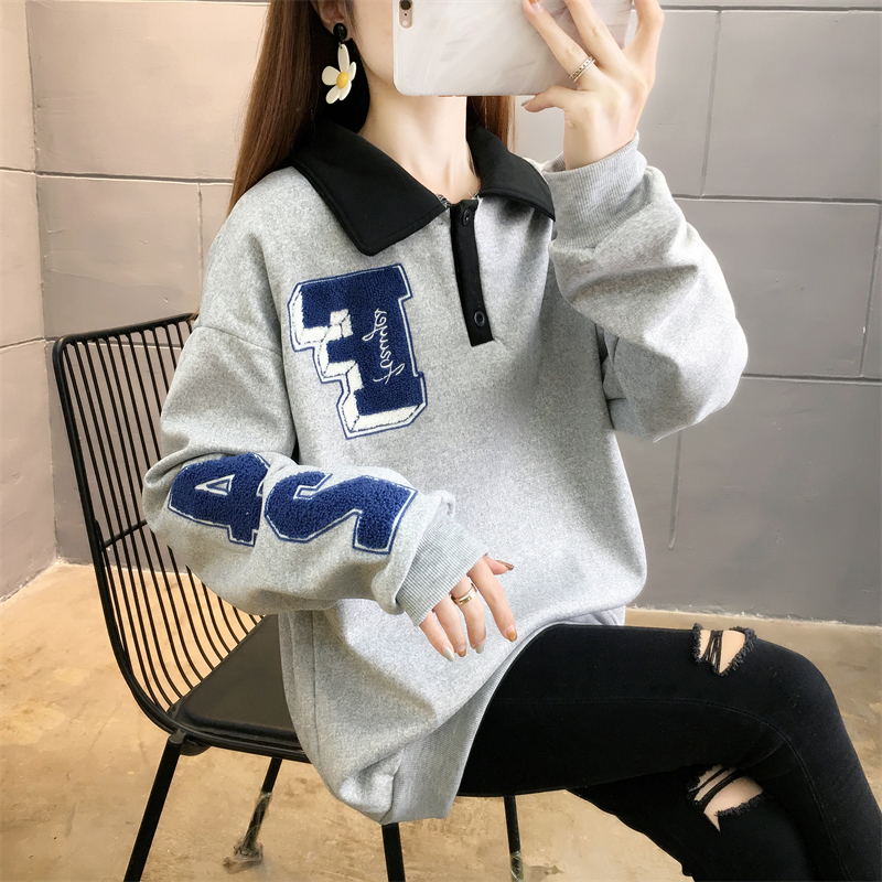 首發實拍牛奶絲複合寬鬆Polo領加厚加絨衛衣女上衣