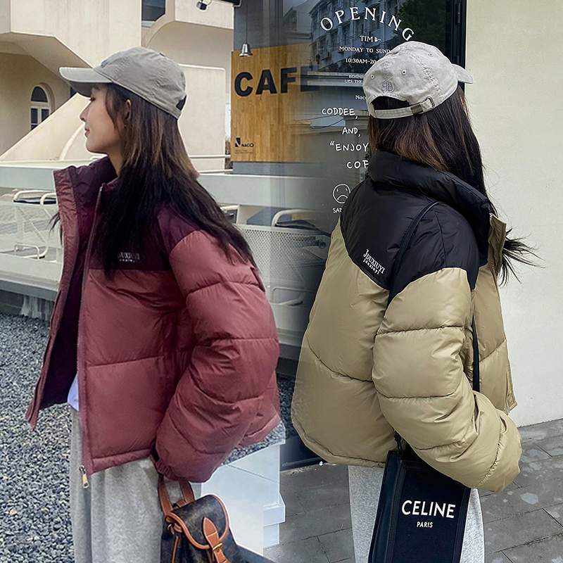 實拍 拼色羽絨棉服2023新款冬女寬鬆棉衣時尚百搭加厚棉服短外套