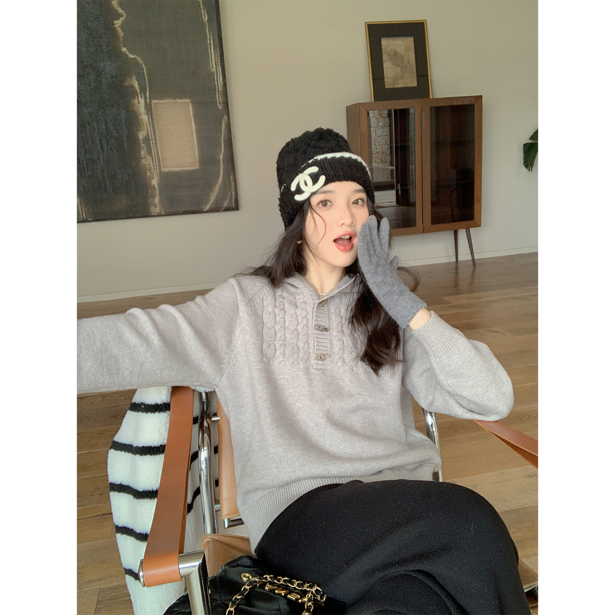花栗鼠小姐14***牛角扣針織連帽上衣小個子慵懶風休閒針織毛衣