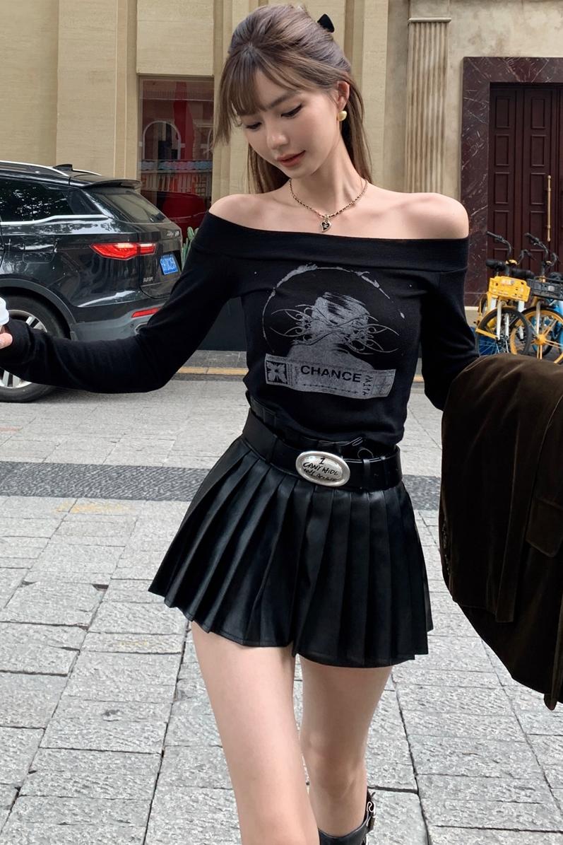紋修身甜辣一字肩t恤女外穿印花長袖上衣