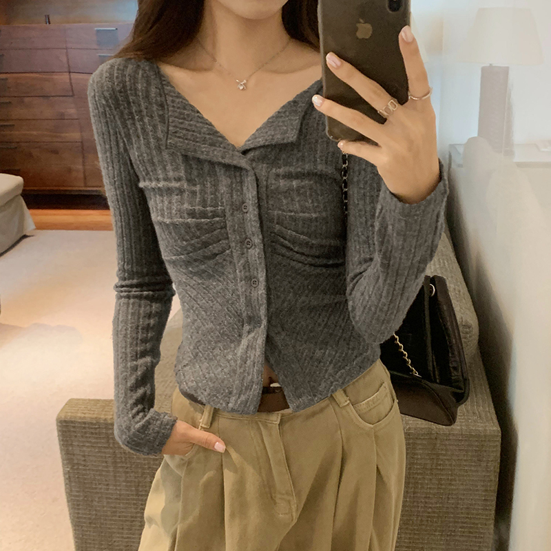 實拍圖V領褶皺收腰長袖針織開衫毛衣女秋冬2023新款甜辣修身上衣