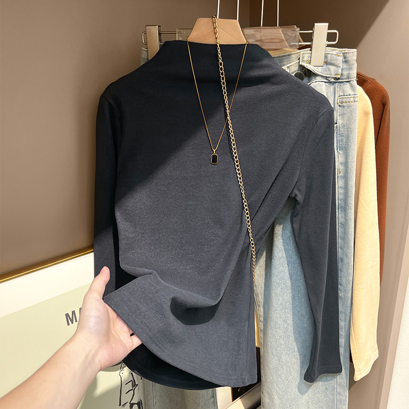 Actual shot-2023 Half turtleneck double-sided German velvet bottoming shirt for women in autumn and winter with long-sleeved T-shirt plus velvet thickened top