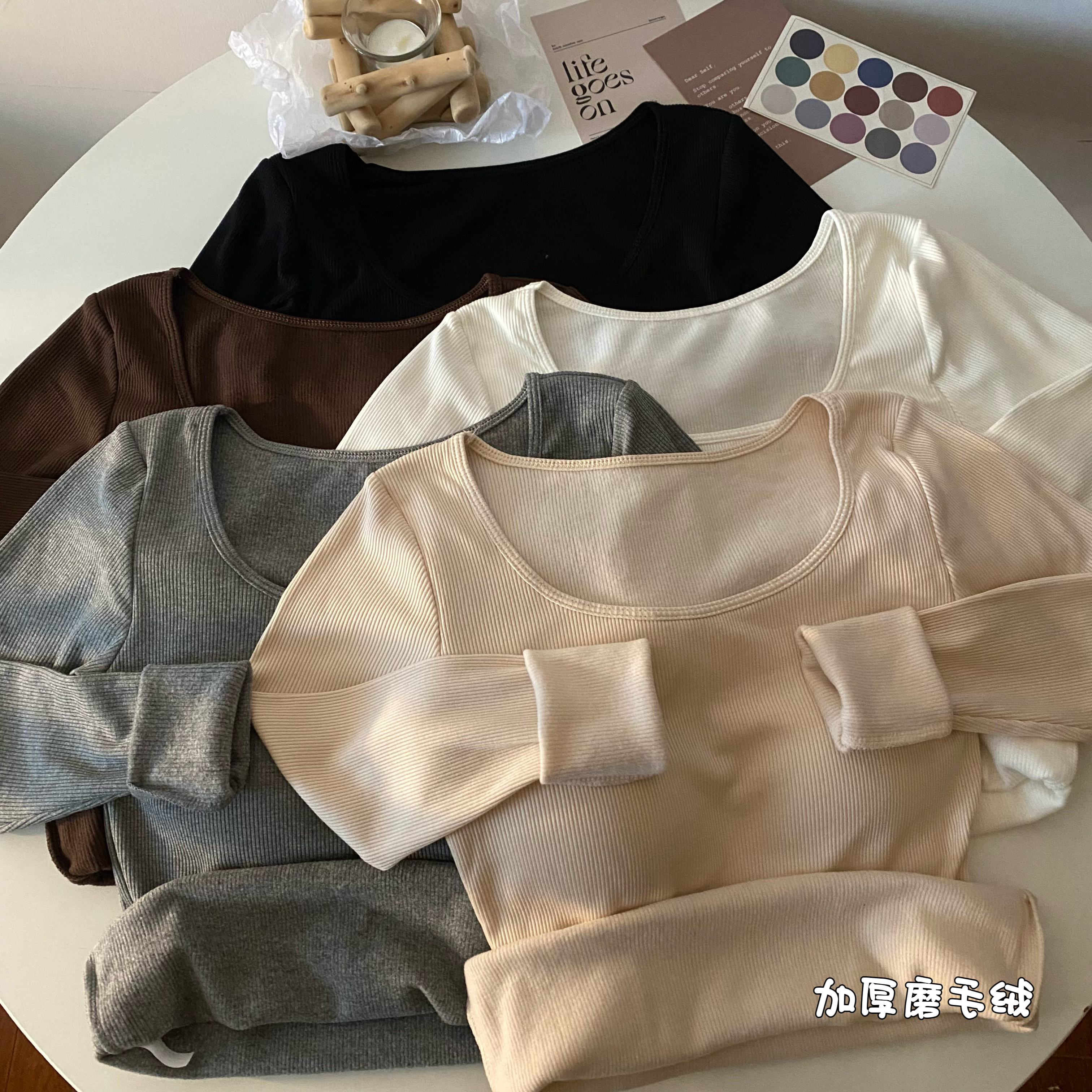 實拍 冬季長袖磨毛保暖加絨加厚方領鎖骨內搭打底衫長袖上衣