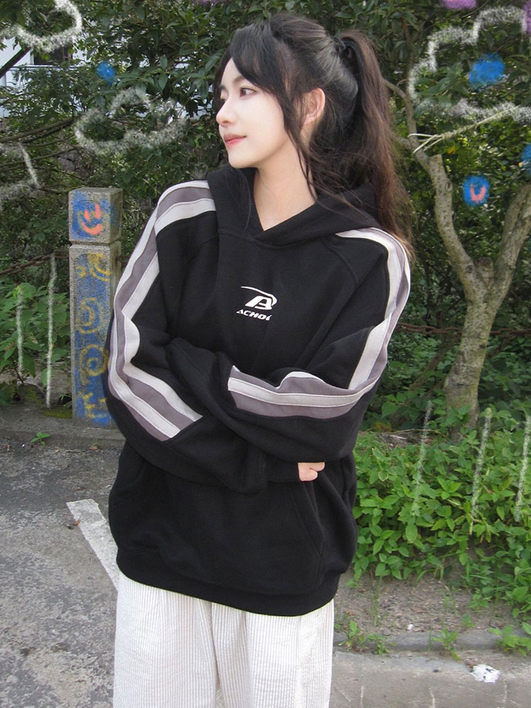 國潮美式復古hiphop連帽衛衣女秋季新款慵懶風oversize長袖上衣潮