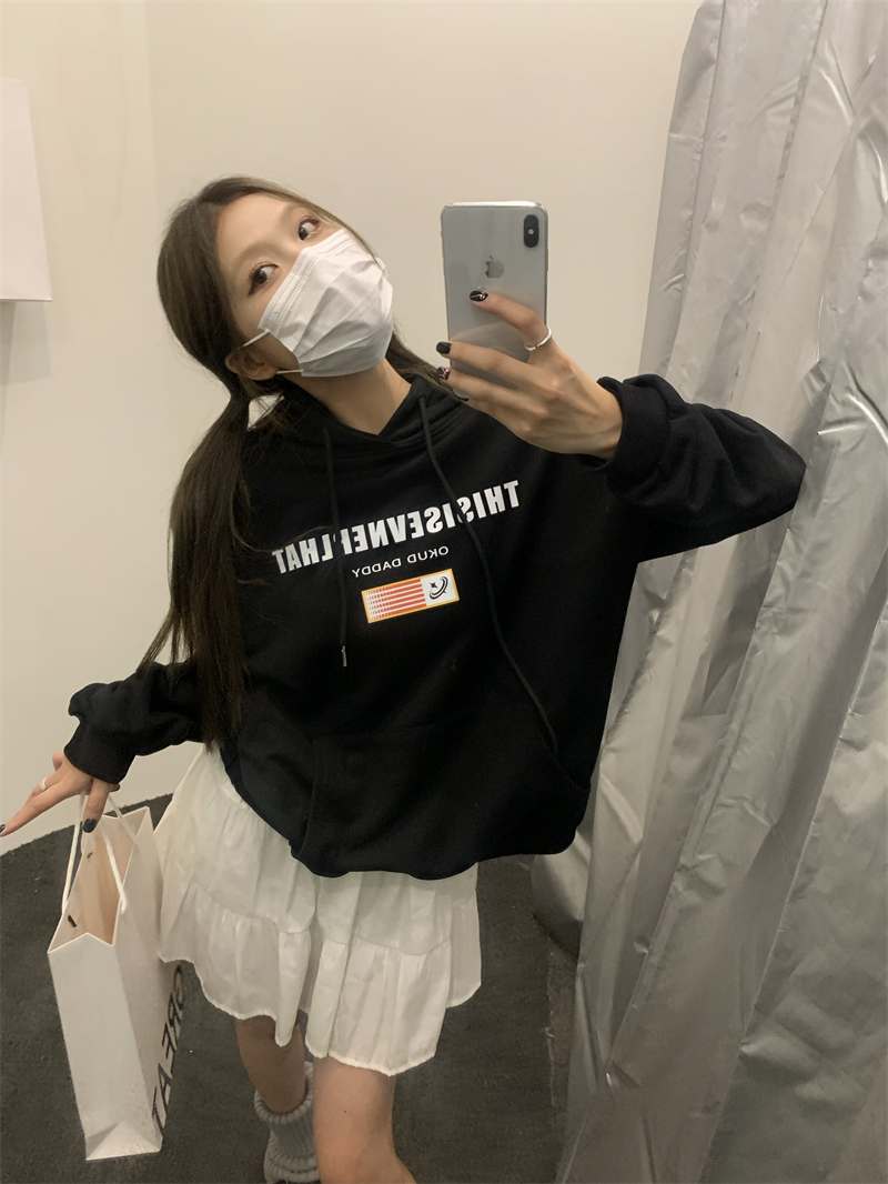 實拍~ 原創 美式復古設計感字母印花寬鬆黑色連帽加絨衛衣