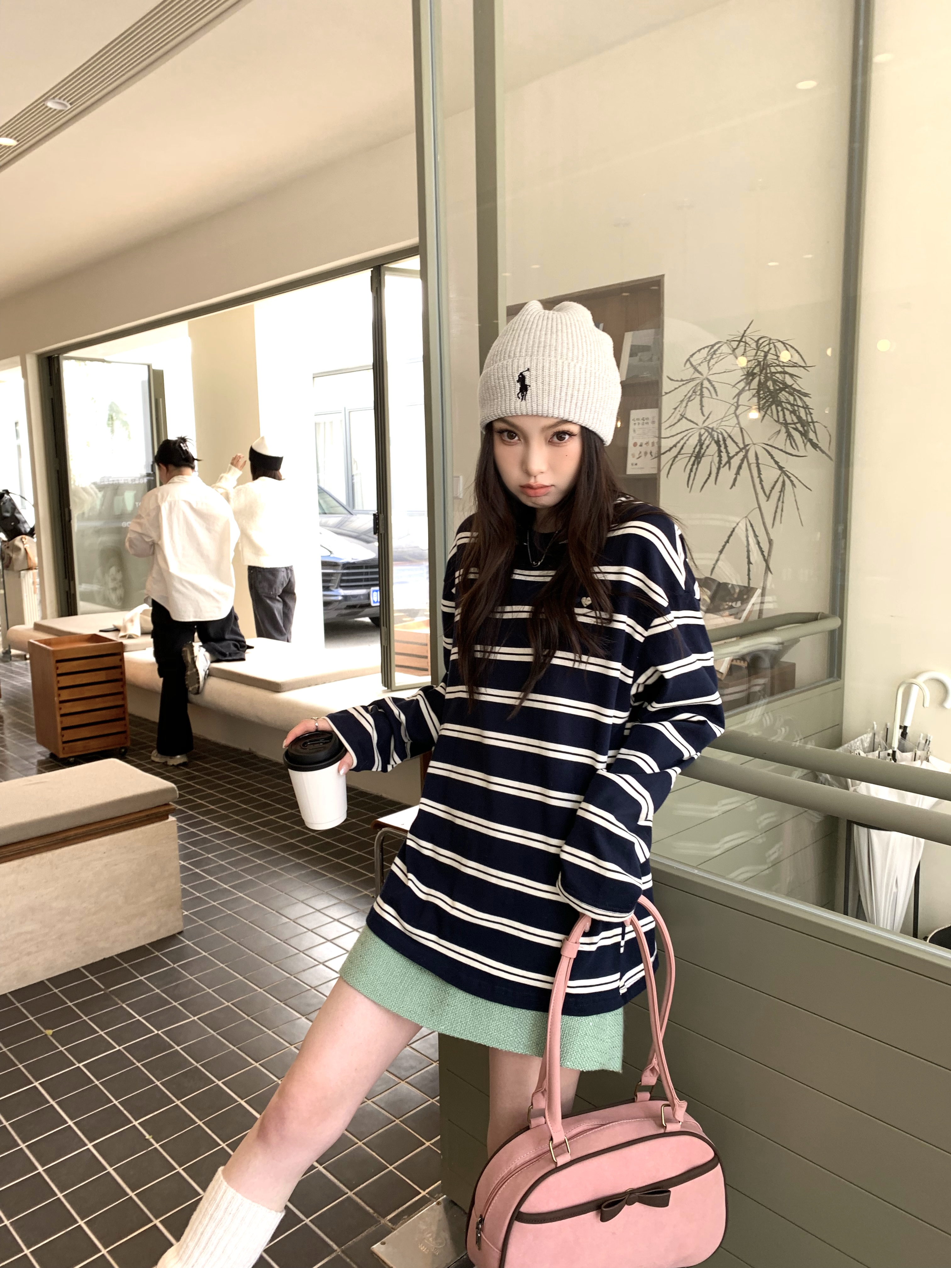 Real shot Korean original order ~ simple and versatile embroidered bottoming striped long-sleeved T-shirt