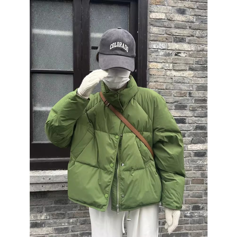 綠色短款棉服女秋冬季加厚小個子寬鬆棉衣港風小眾設計感百搭外套