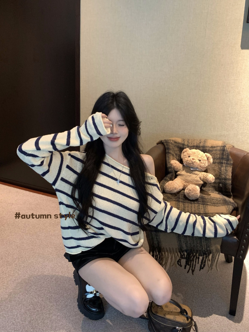 實拍 巴赫樂章條紋毛衣女慵懶風寬鬆時髦上衣