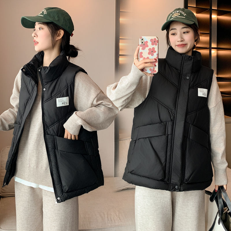Actual shot of the new autumn and winter down cotton coat, simple sleeveless vest jacket, Internet celebrity model with stand-up collar vest
