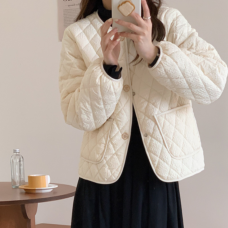 小香風2023新棱形格寬鬆ins羽絨服oversize簡約百搭棉服外套韓版