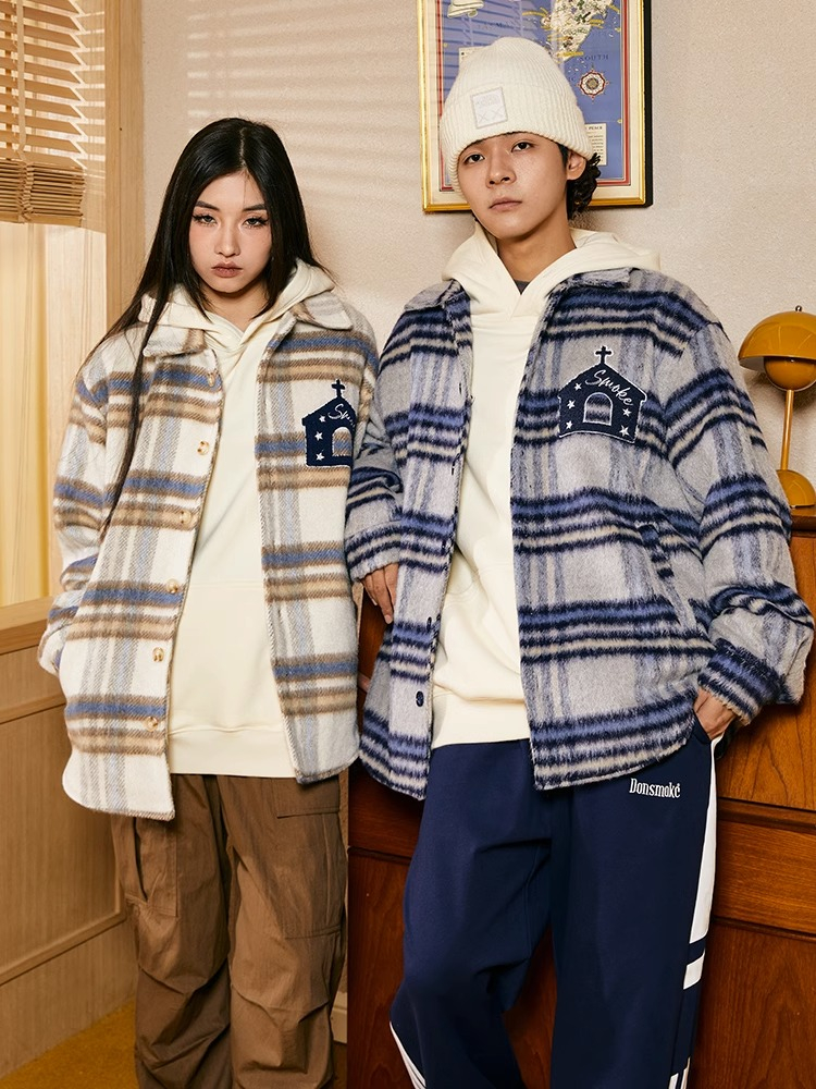 2023 new autumn and winter plaid woolen jacket spring retro loose shirt plaid jacket