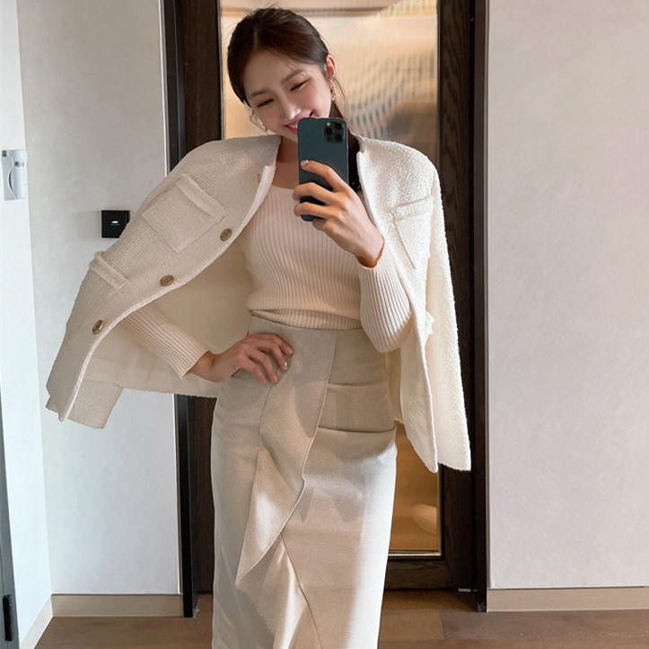 珍珠扣小香風圓領開衫外套女2023秋冬新韓版小個子粗花呢氣質上衣