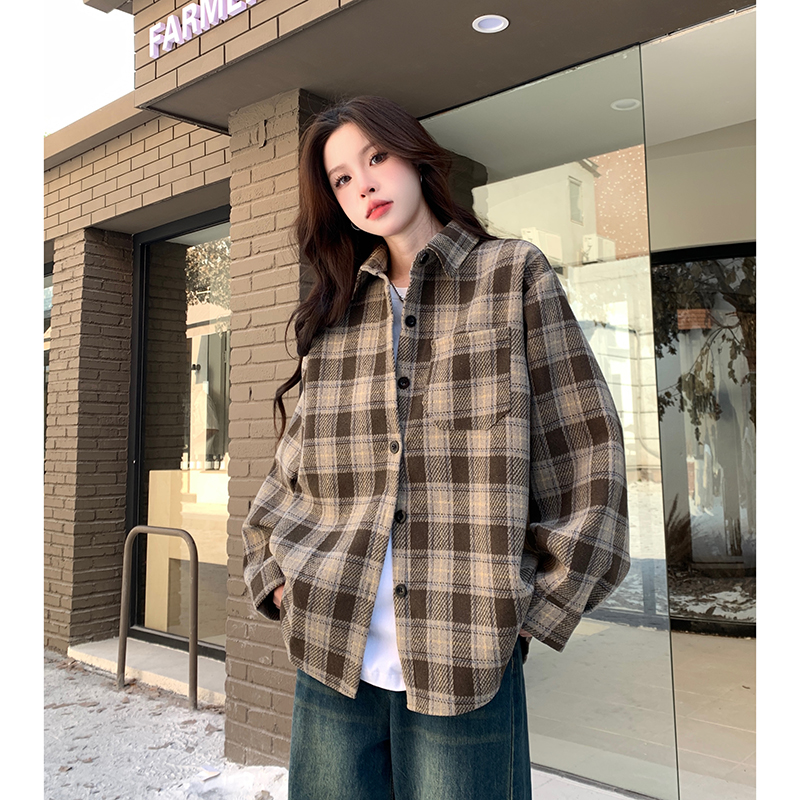 實拍  加厚磨毛格子襯衫外套女秋季寬鬆bf風襯衣上衣