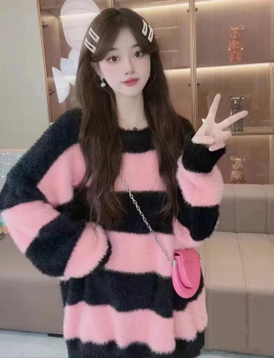 水貂絨條紋設計感ins韓系秋冬毛衣女2023新款加厚寬鬆外穿慵懶風