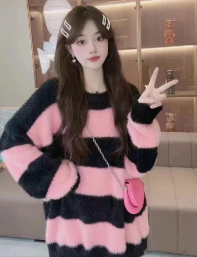 Waterproof Mink Fleece Striped Design Ins Korean Style Women's Autumn/Winter Sweater  New Thick Loose Outerwear Lazy Style