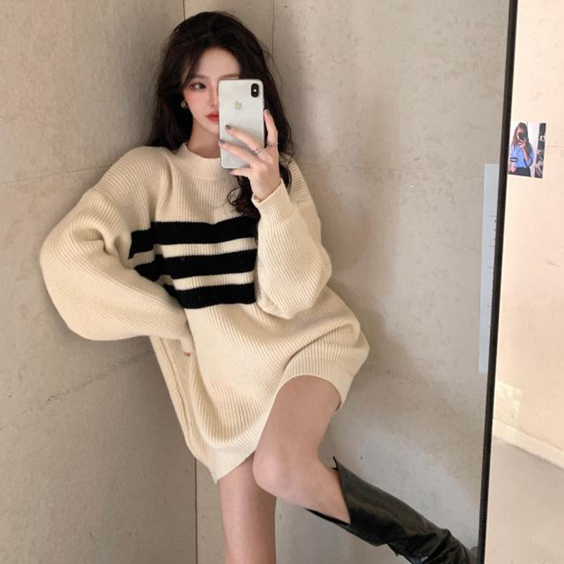 秋裝新款2023條紋毛衣中長款韓版套頭小個子針織內搭打底裙女秋冬