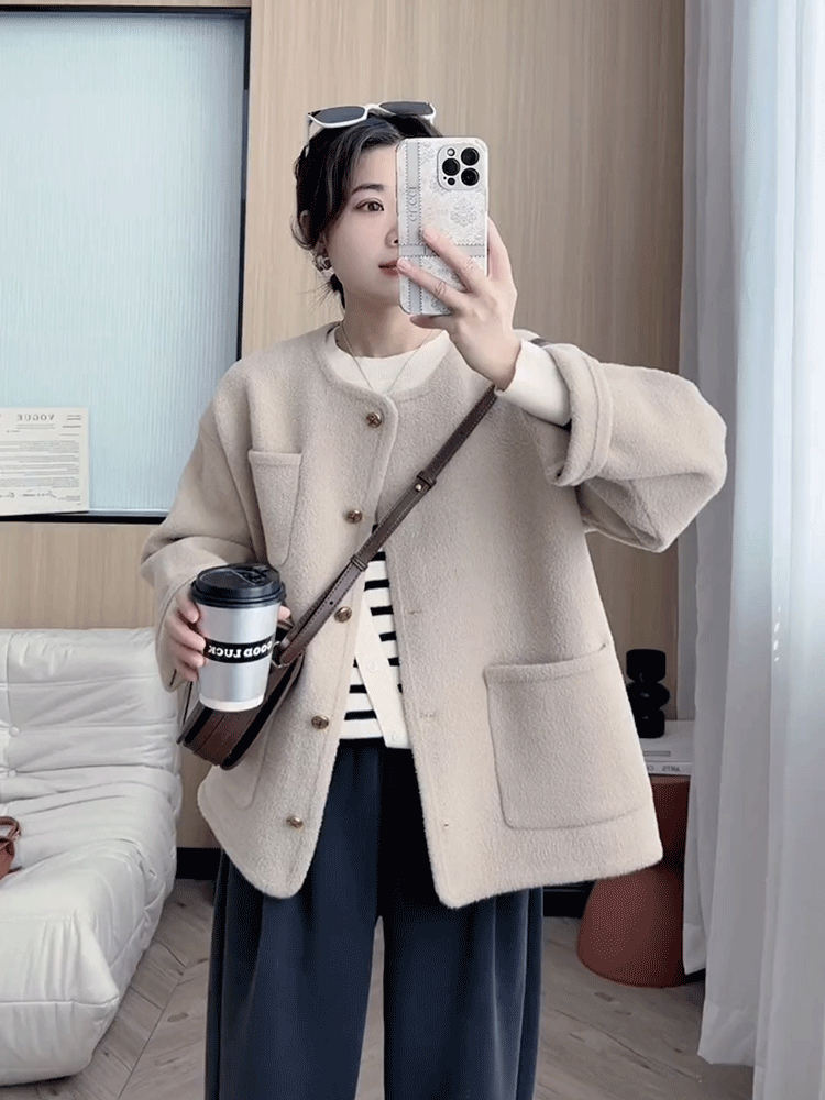 秋冬新款寬鬆雙面尼小香風開衫女法式輕奢小香風毛呢短款外套女潮