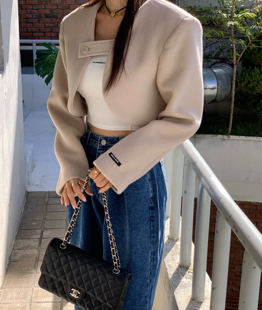 Korean chic autumn and winter new retro simple square collar long-sleeved woolen coat women's loose short cardigan