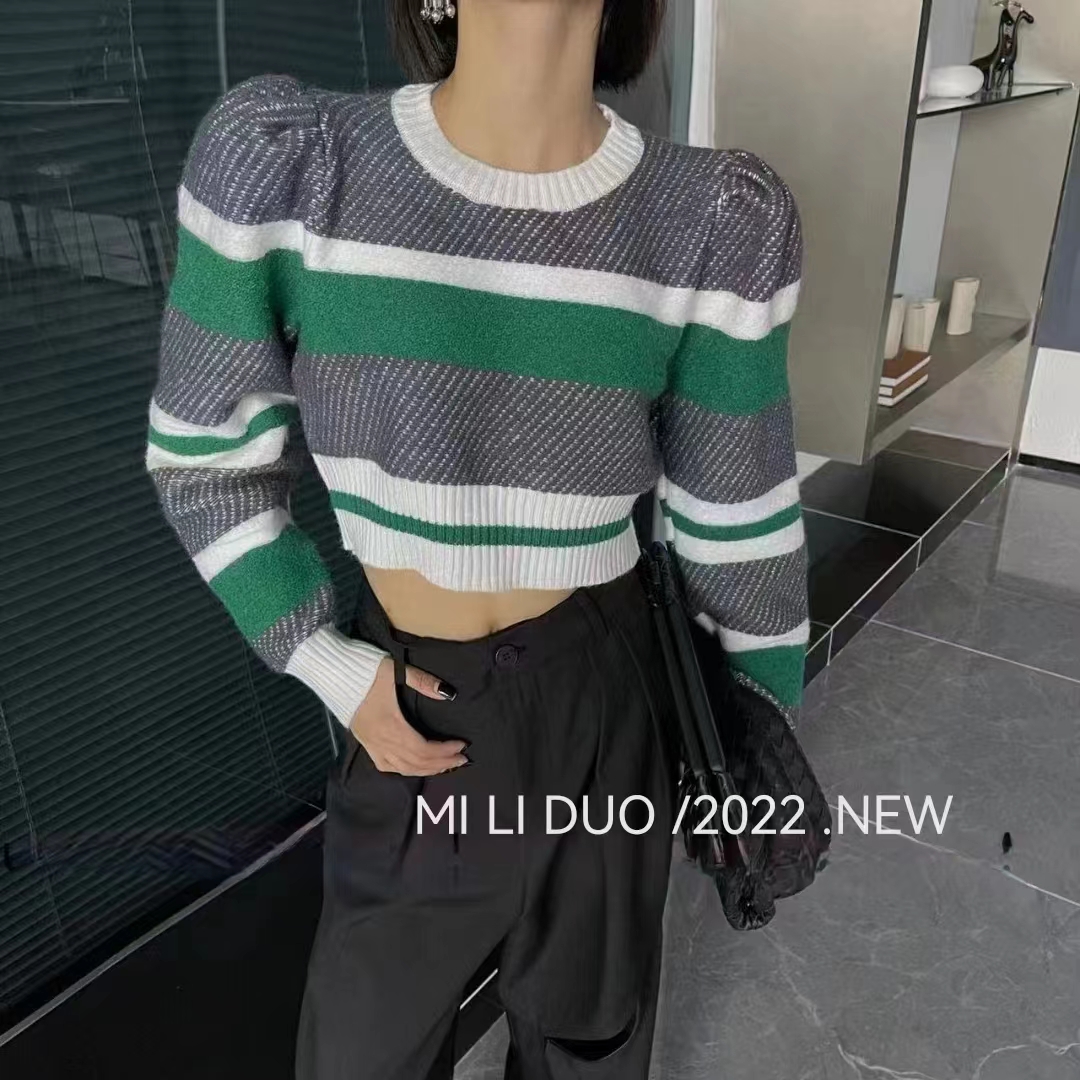 韓國東大門2023秋季復古港味泡泡袖撞色條紋毛衣女小眾設計感上衣