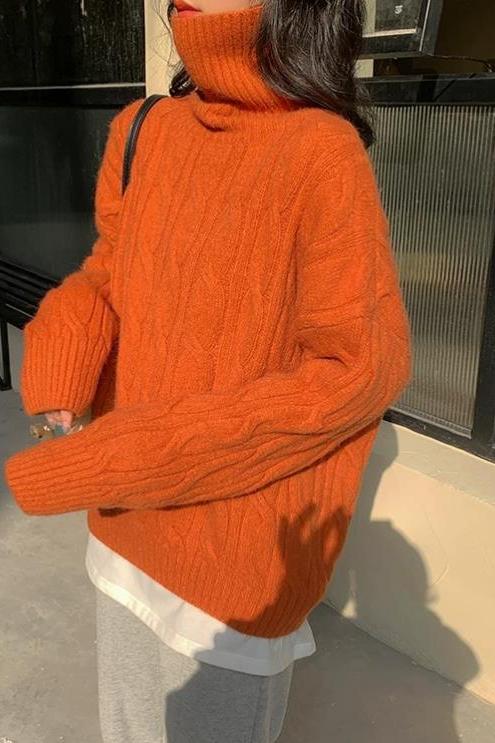 冬裝新款大板型大碼女裝加厚高領麻花毛衣內搭復古慵懶風上衣