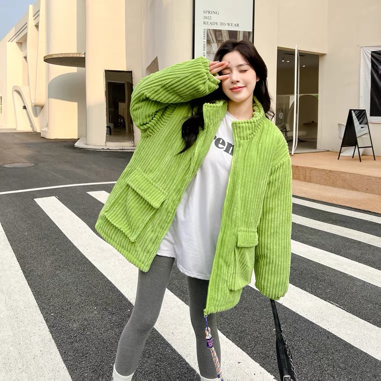實拍2023燈芯絨復古工裝原宿風鹽系學生小眾bf羽絨棉服高領外套女