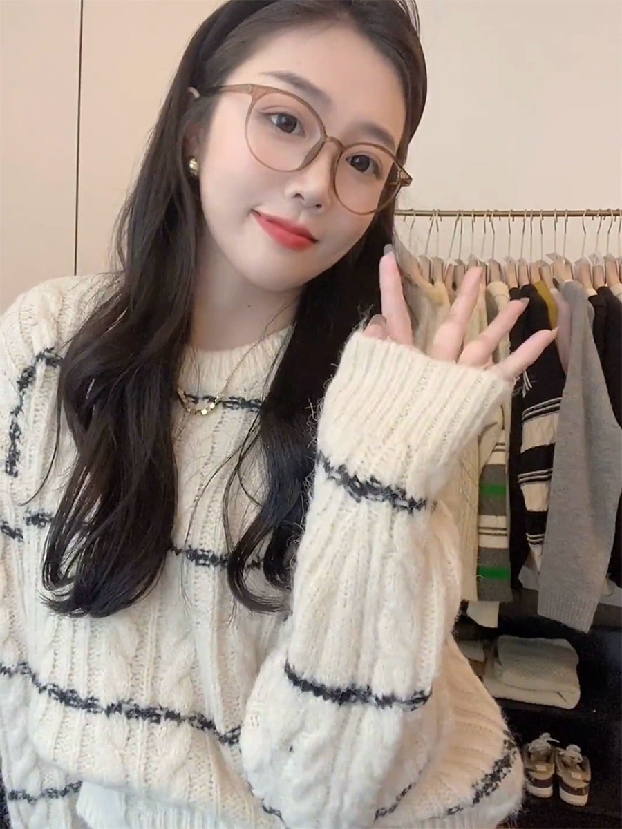 慵懶風設計感條紋毛衣女2023春秋新款外穿內搭軟糯打底加厚針織衫