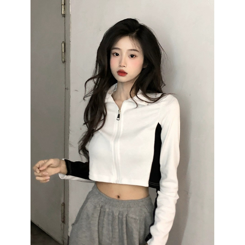 時尚超火純欲風拼色立領短款外套女秋季2023新款休閒運動洋氣上衣
