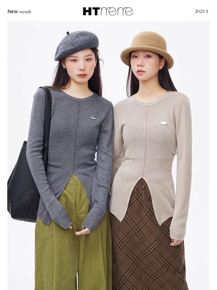 廣州十三行高端歐貨上衣女裝秋冬設計感長袖收腰開叉毛針織打底衫