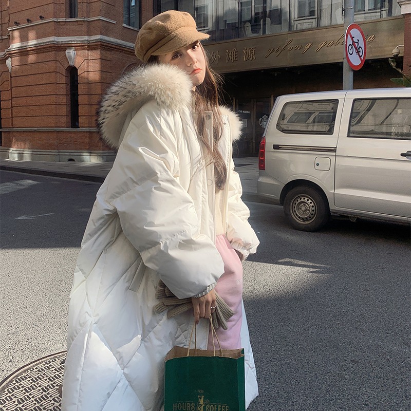 白色大毛領羽絨棉服女中長款2023新款炸街韓系奶呼呼冬天加厚外套