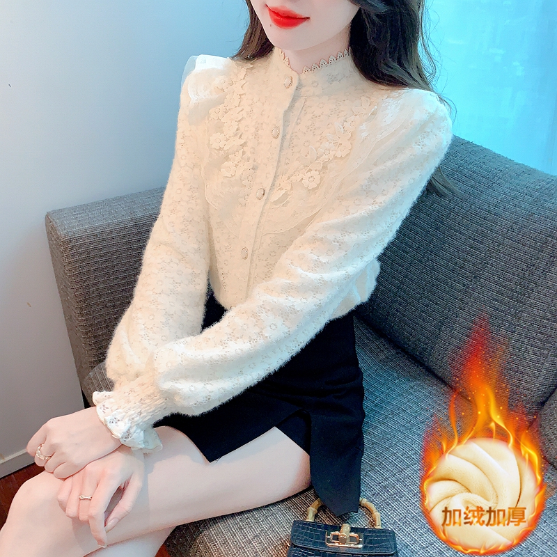 Velvet thickened lace bottoming shirt for women autumn and winter 2023 new French long-sleeved top shirt spring