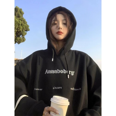 Autumn and winter velvet sweatshirt for women Korean style trendy student loose lazy style long-sleeved ins thickened top hooded jacket cec