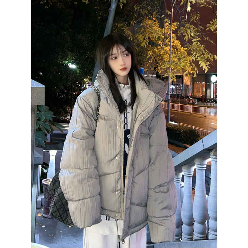 chic韓版小個子灰色加厚款麵包服女冬季復古壓褶設計感連帽外套潮