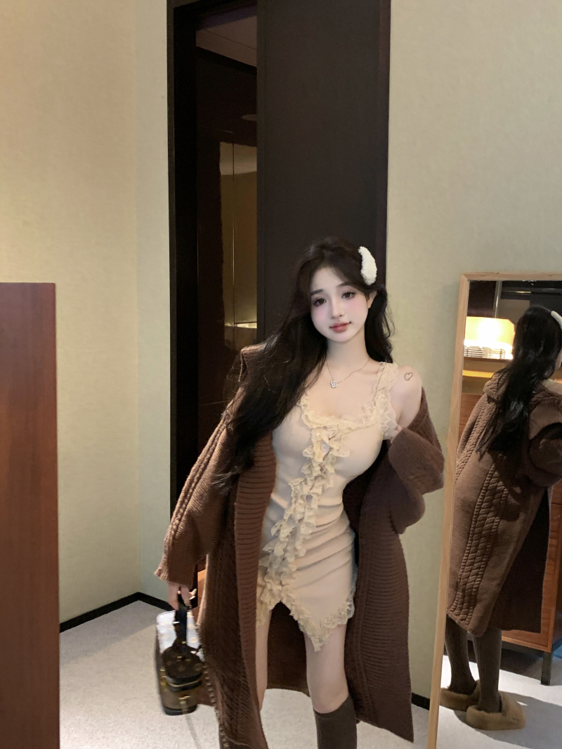 實拍 浴袍開衫套裝女蕾絲針織裙兩件套中長款翻領毛衣外套