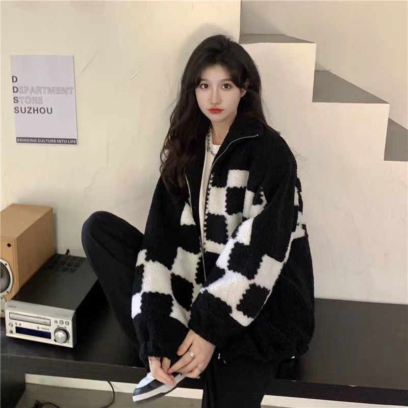 羊羔絨外套女棋盤格拉鏈寬鬆小眾設計感秋冬新款外套女衣服棉襖潮