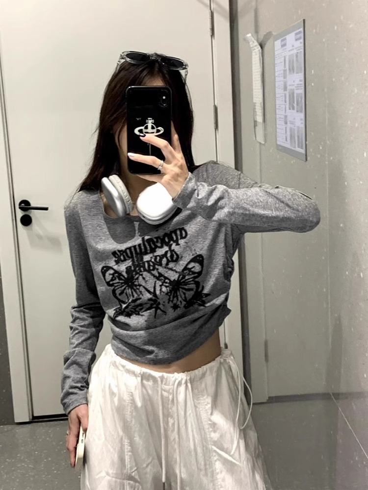 美式復古蝴蝶字母印花長袖T恤女早秋辣妹潮牌設計感做舊短款上衣