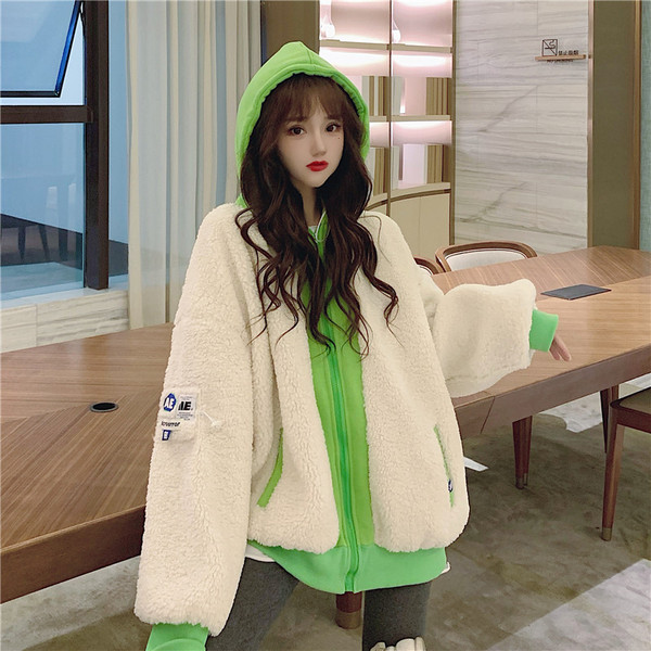 冬季加厚連帽羊羔毛絨拼接棉服外套女百搭韓版寬鬆oversize棉衣