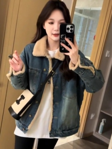 American retro plus velvet lambswool denim jacket for women winter thickened warm fur loose casual jacket top